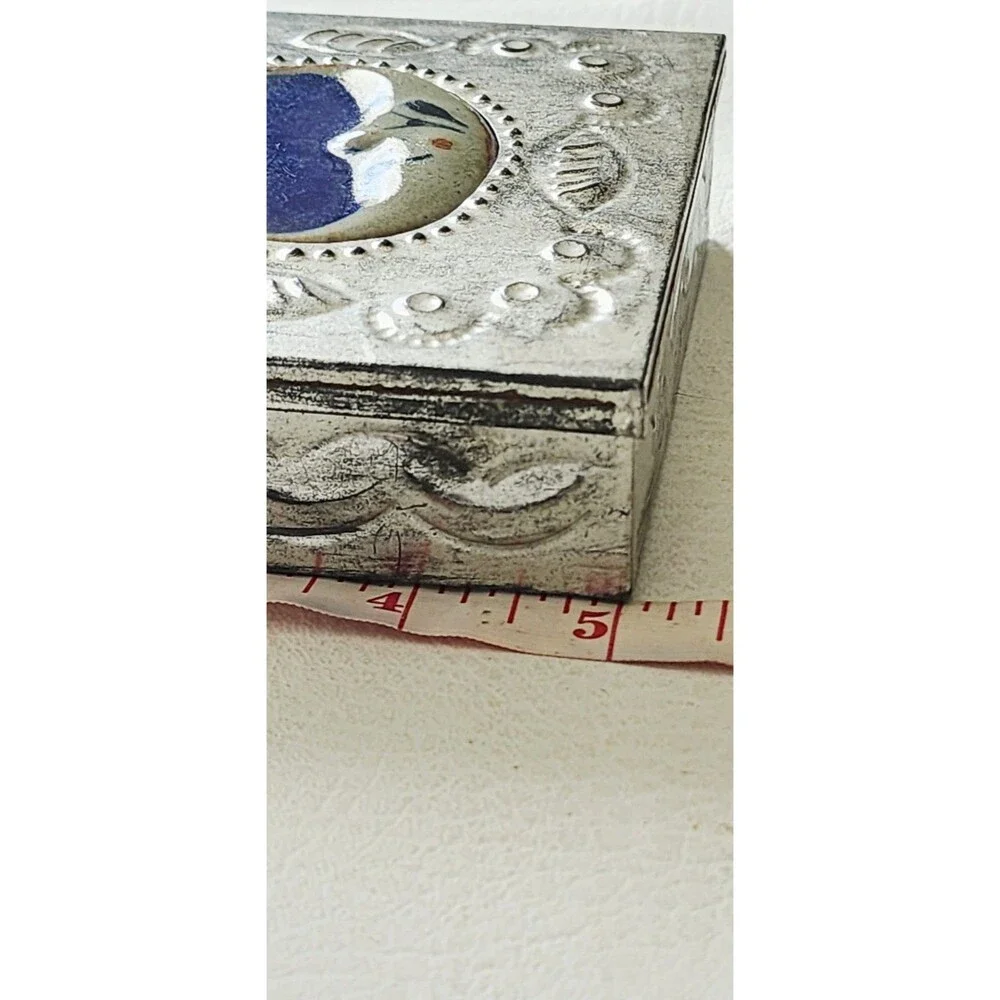 Vintage Celestial Moon Sun Pottery Aluminum Jewelry Trinket Box RARE